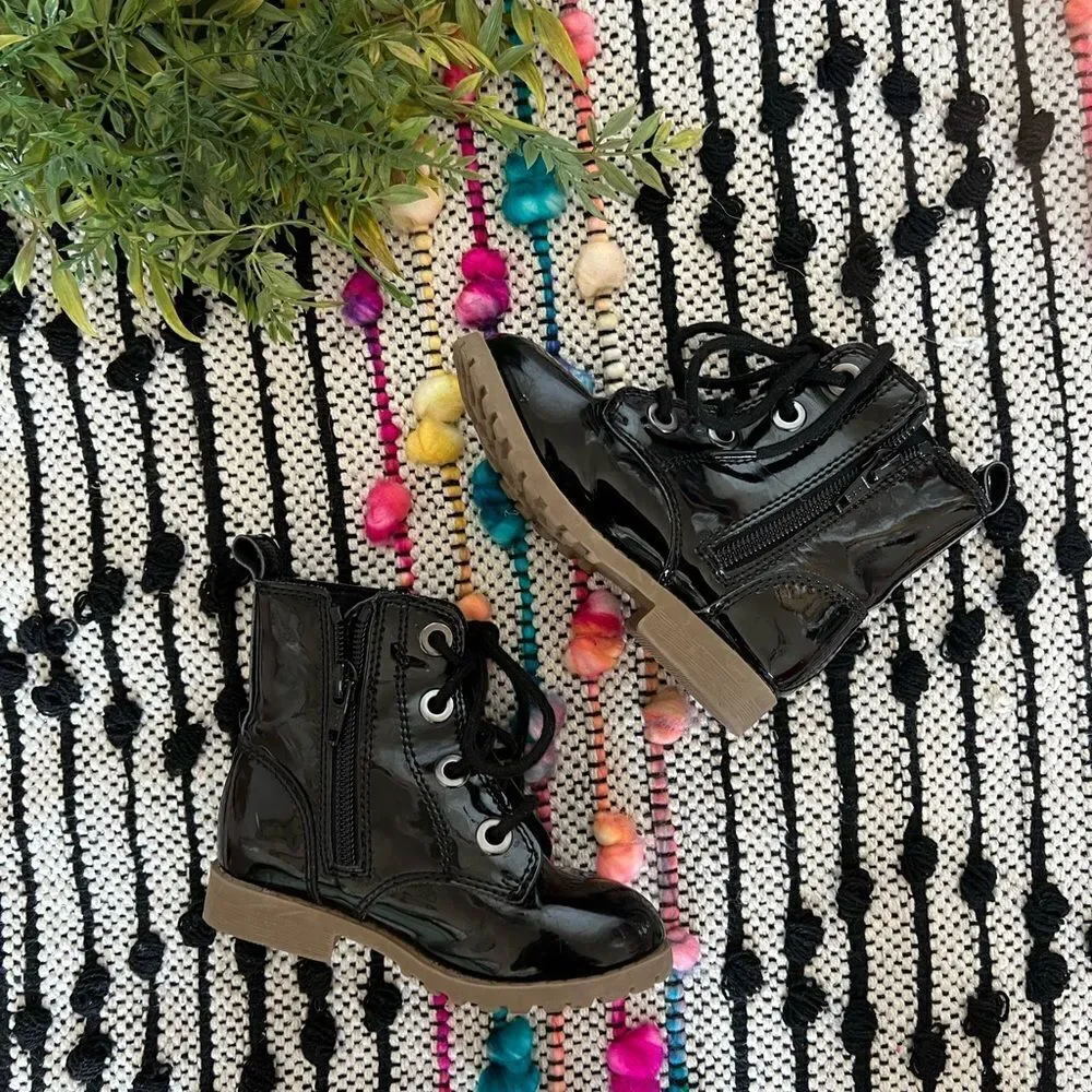 Old Navy Shiny Black Combat‎ Boots Side Zip Toddler Sz 7